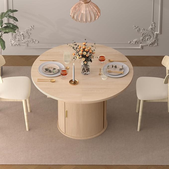 DHH 47"-63" Extendable Round Dining Table for 4–8 with Storage, Mid Century Modern Farmhouse Wood Oval Dinner Table with Pedestal Base for Kitchen, Living Room (Natural Wood)