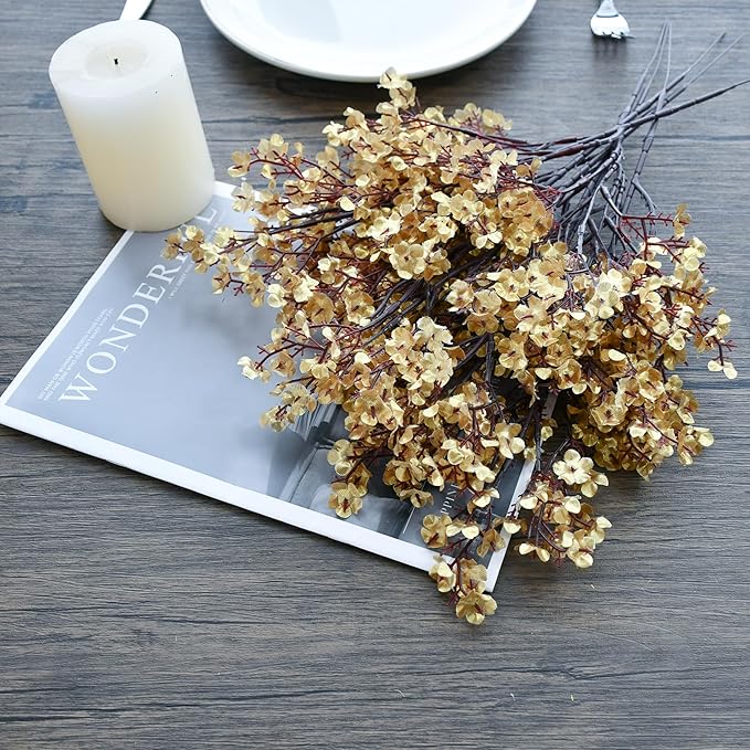 Mandy's Gold Artificial Baby’s Breath European Flowers 15 Bundles Silk Gypsophila with Bendable Stems for Fall Thanksgiving & Christmas Centerpiece Wedding Decor and Table Arrangements
