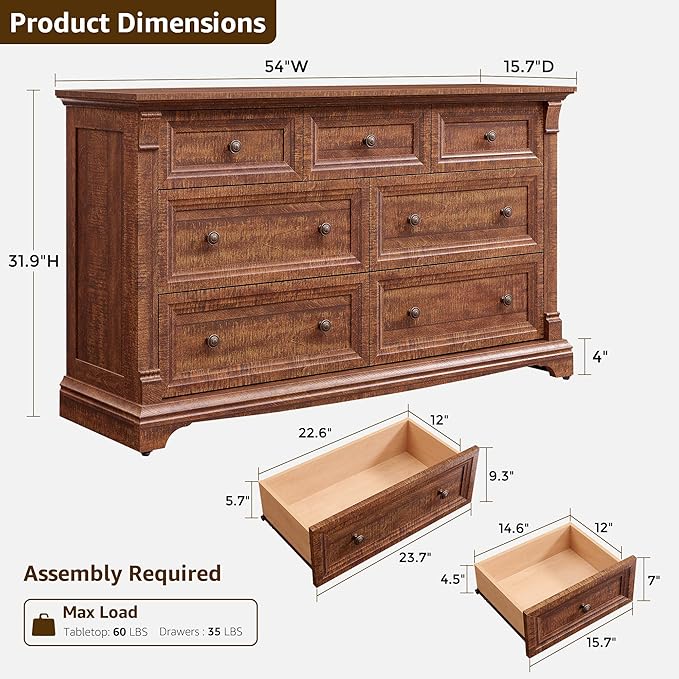 T4TREAM Farmhouse 7 Drawers Dresser for Bedroom, 54" Wide Wood Rustic Chest of Drawers w/Roman Column, Wooden Storage Dressers Organizer for Bedroom, Living Room, Closet, Reclaimed Barnwood