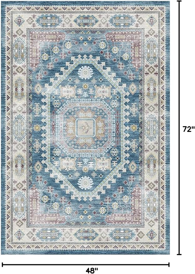 vivorug 4x6 Rug, Small Area Rug for Living Room, Bedroom, Kitchen, Machine Washable Non-Slip Throw Rug, Vintage Distressed Medallion Carpet for Entryway Nursery Dinner Room - Durable (Blue)