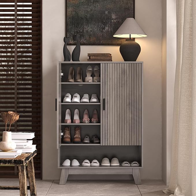 BOXACTION 4-Tier Fluted Shoe Cabinet with 2 Doors & Open Shelf, Mid Century Modern Shoe Storage Organizer with Adjustable Shelves, Metal Handles & Wood Legs, Hidden Shoe Rack for Entryway, Hallway