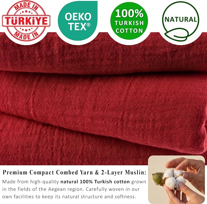 PÜSKÜL - Premium 2-Piece Oversized Muslin Bath Towel for Adult 35x70 Extra Large Bath Sheets | Natural 100% Turkish Cotton Soft Absorbent Quick-Dry Lightweight Spa & Beach Towels (Pack of 2, Red)