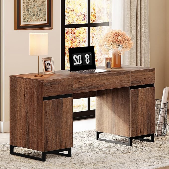 WAMPAT 59" Modern Executive Desk with Drawers, Home Office Computer Desk with Charging Station, File Drawer, Storage Cabinet, Wood Writing Desk for Work and Study, Dark Brown