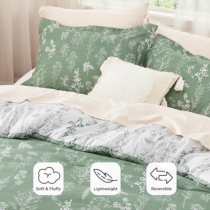 Bedsure King Comforter Set - Green Bed Set, 3 Pieces Cute Floral Bedding, 1 Soft Reversible Botanical Flowers Comforter and 2 Pillow Shams