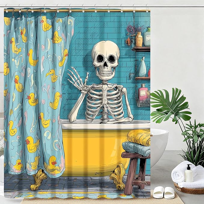 Funny Gothic Skull Shower Curtain Spooky Skull in Bathtub Shower Curtains for Bathroom Waterproof Fabric Bath Curtain Decor with Hooks