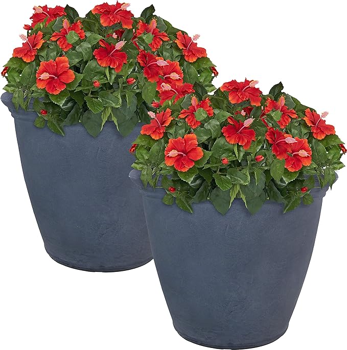 Sunnydaze 20-Inch Anjelica Large Plastic Pot for Plants - Double-Walled Outdoor Polyresin Round Planter Porch Pot with Drillable Drainage Holes - Slate - 2pk