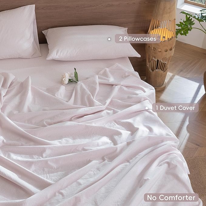 MooMee Striped Duvet Cover Set 100% Washed Cotton Linen Like Textured Breathable Durable Soft Comfy (Heathered Greyish Pink Pinstripes, Palatial King/Oversized King 120"x98")