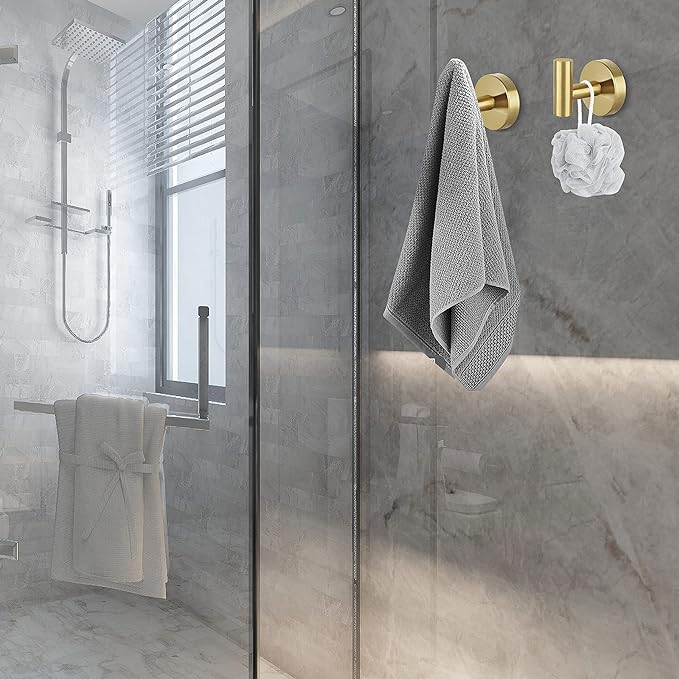 8 Pcs Bathroom Robe Towel Hooks Coat Wall Hook Stainless Steel Heavy Duty Door Hanger Towel Robe Clothes Cabinet Closet Sponges Hook for Bathroom Bedroom Kitchen Hotel Pool (Gold)