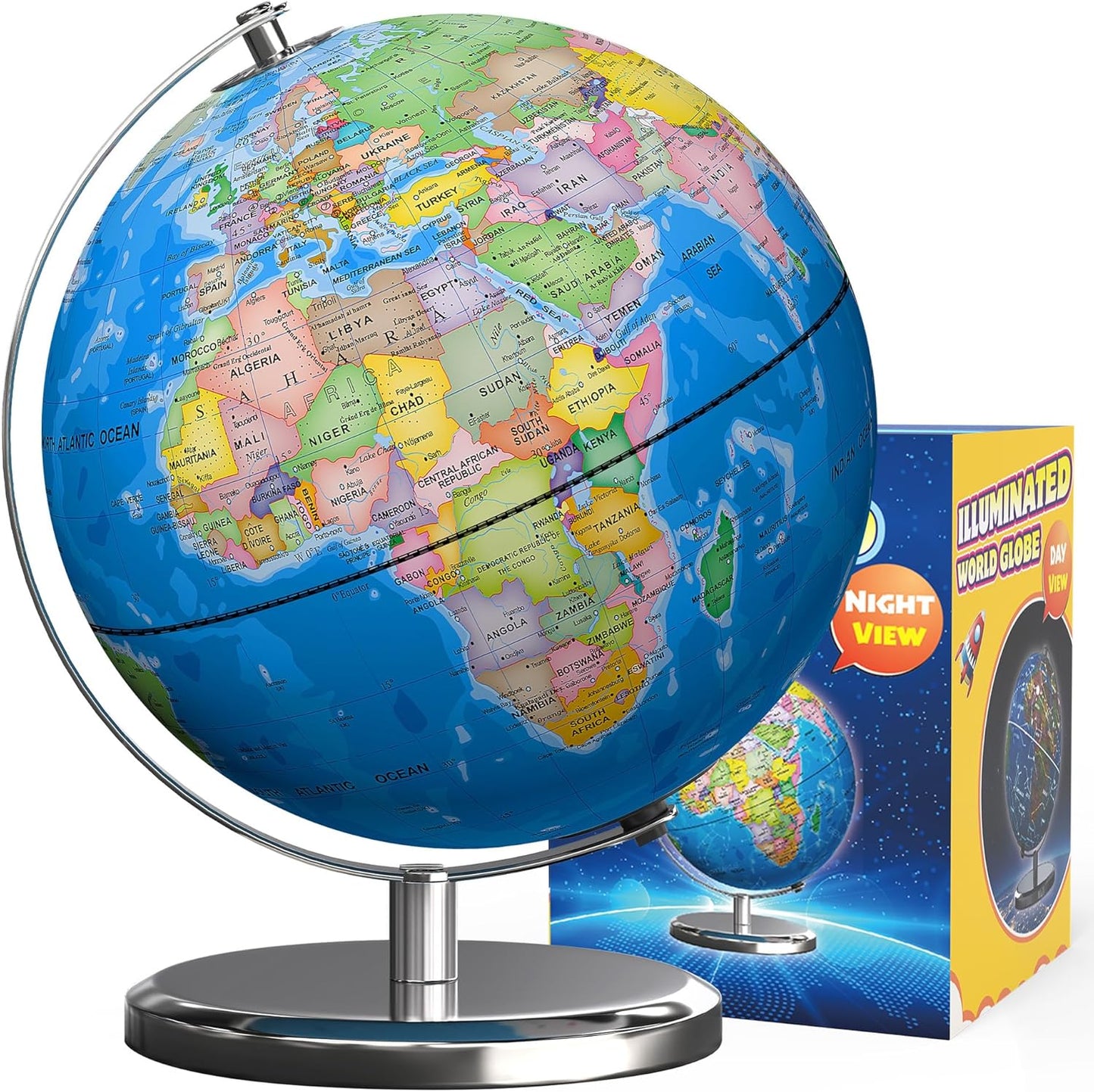 Waldauge Illuminated World Globe - 9" Earth Globe with LED Night Light & Heavy Metal Base for Kids