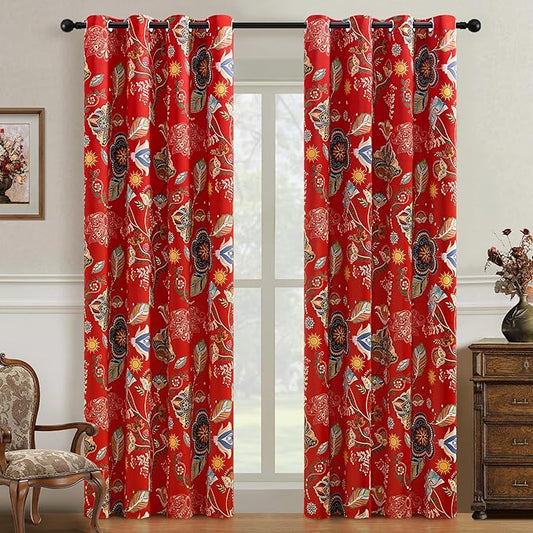 XiDi Red Floral Curtains 102 Inches Long 2 Panels 100% Blackout Vintage Botanical Leaf Patterned Curtains for Living Room Bedroom Thermal Insulated Room Darkening Luxury Colorful Drapes Grommet 52x102