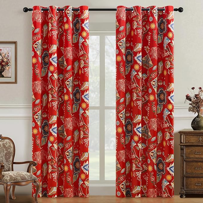 XiDi Red Floral Curtains 108 Inches Long 2 Panels 100% Blackout Vintage Botanical Leaf Patterned Curtains for Living Dining Room Thermal Insulated Room Darkening Luxury Colorful Drapes Grommet 52x108