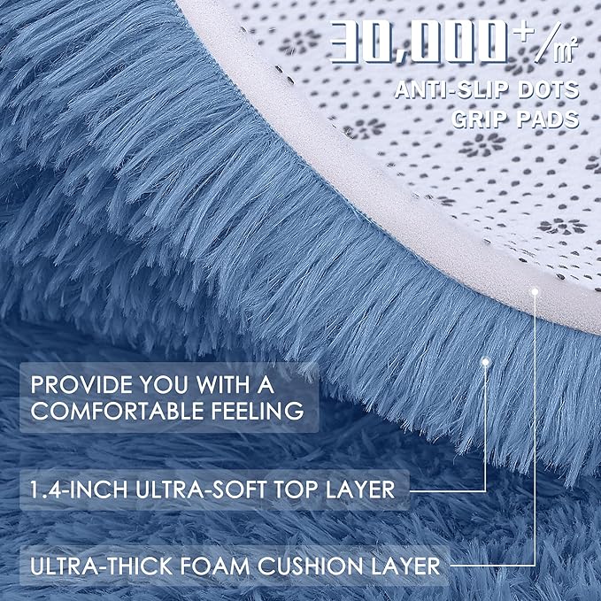 OLANLY Blue Round Rugs for Bedroom - Machine Washable, 4 ft Circle Area Rugs for Living Room, Soft and Fluffy Shaggy Carpet for Teen Girl and Boys, Nursery Rooms, Dorms, Home Decor Aesthetic