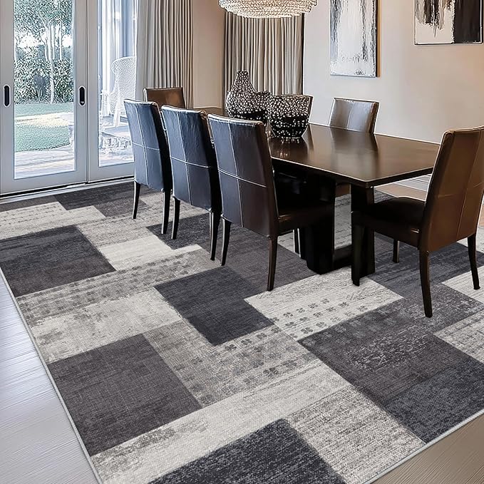 Modern Geometric Patchwork Indoor Area Rug for Living Room, Charcoal 4'x 6' Large Rug Rockwood Collection Hardwood Floors Decor for Bedroom, Grey Throw Carpet for Office Entryway Dining Room