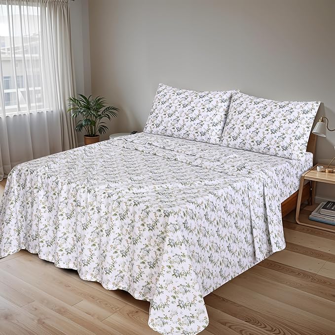 RUVANTI 100% Cotton Sheets Queen Size Set, 4 Pieces, Soft & Breathable Percale Weave Bedding, Deep Pocket 16", Hotel Standard, Crisp Cool Feeling, Durable, Perfect Floral Bed Sheet, Heritage