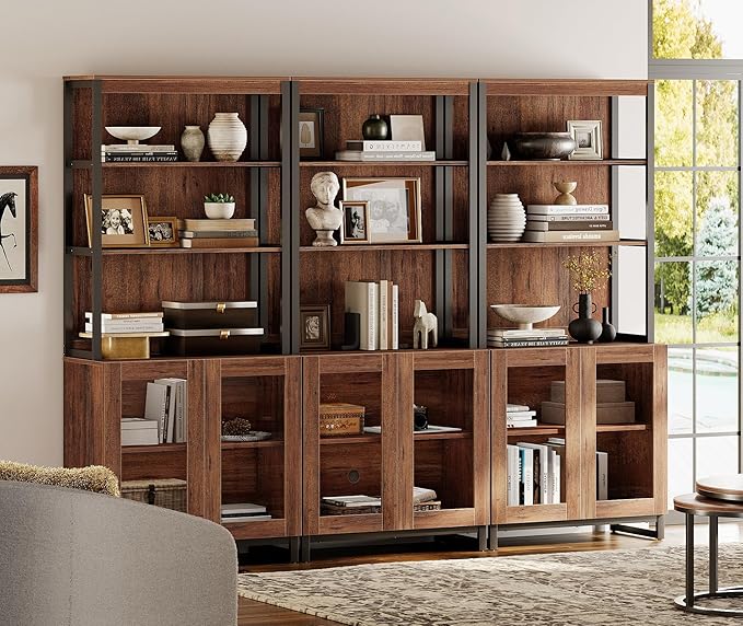 WAMPAT 3 PCS Modern 72" Tall Bookcases with Glass Doors and Adjustable Shelves, Library Book Shelf with Storage Cabinet and Open Book Shelfs, Wood Bookshelves for Home Office, Living Room, Brown