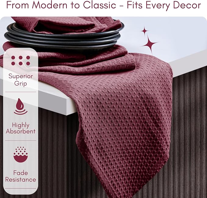 TWINY threads Dish Towel Waffle Texture, Pack of 12, 16x26 Inches, Large 100% Cotton Kitchen Linen Set, Absorbent Cloths for Drying Dishes and Cookware, Quick Drying, Machine Washable, Burgundy Wine