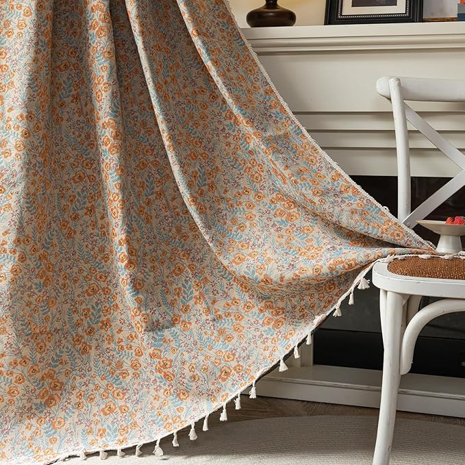 ENJOYBRIDAL Orange Floral Curtains Boho Light Filtering Drapes Vintage Jacquard Rod Pocket Semi Sheer Window Curtains Bedroom Living Room Aesthetic Tassel 84 Inch Length 2 Panels Set Window Treatments