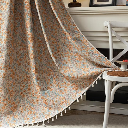 ENJOYBRIDAL Orange Floral Curtains 63 Inch Length Boho Light Filtering Drapes Short Vintage Jacquard Rod Pocket Window Curtains Semi Sheer Bedroom Living Room Tassel 2 Panels Set Window Treatments