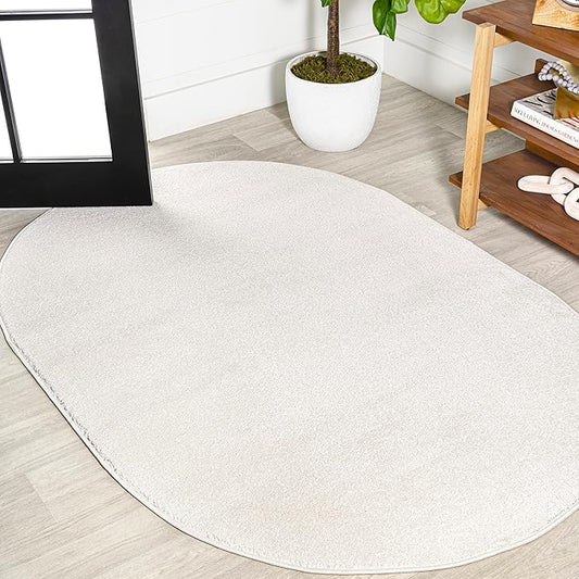 JONATHAN Y Haze Solid Low-Pile Cream 3x5 Oval Indoor Area Rug, Coastal,Bohemian,Minimalist,Classic, Easy-Cleaning for Living Room,Bedroom,Kitchen,Pet Friendly,Non-Shedding (SEU100T-3OV)