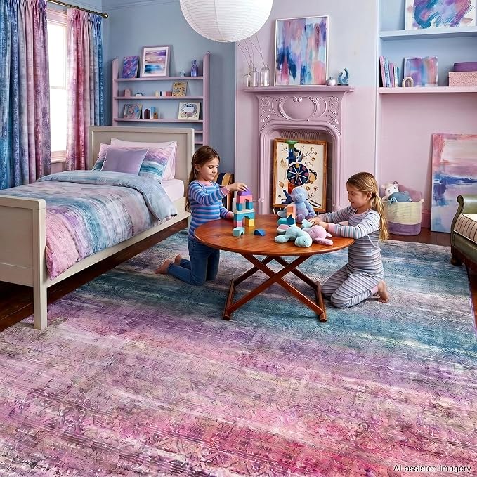 Kokia Abstract Area Rugs Boho Washable Distressed Retro Indoor 6x9 Rug Multicolor Low Pile Non-Slip Non-Shedding Red Carpet Bedroom Living Room Dining Room, Oslo Orchid