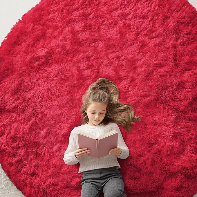 OLANLY Red Round Rugs for Bedroom - Machine Washable, 7 ft Circle Area Rugs for Living Room, Soft and Fluffy Shaggy Carpet for Teen Girls and Boys, Nursery Rooms, Dorms, Home Decor Aesthetic