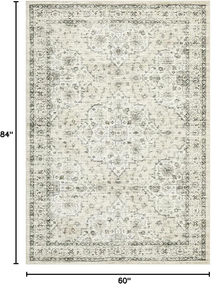 Washable 5x7 Area Rug Boho Vintage Soft Living Room Rug Non-Slip Dining Room Floor Carpet Low Pile Non Shedding Boho Accent Rug Oriental Indoor Carpet for Bedroom Home Decor Office, Beige