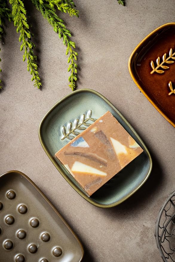 Miamolo Ceramic Soap Dish Bar Soap Holder for Shower, Soap Dishes for Bar Soap Sponge, Shower Soap Saver Tray for Bathtub Bathroom Kitchen Sink, Housewarming Gift, Pro-Environment, Dark Green