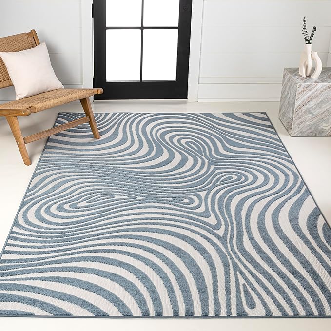 JONATHAN Y Maribo High-Low Abstract Striped Dark Blue/Cream 8x10 Indoor/Outdoor Area Rug for Patio, Backyard, Living Room, Bedroom, Office, Hose-Washable (SCN103E-8)