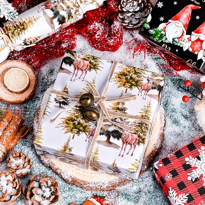 MAYPLUSS Festive Christmas Wrapping Paper - 17Inch x 10Feet Per Roll - Fairy Forest Deer Gnome Holiday Christmas Snowflake Thick Rolled Gift Wrap for Winter, Holiday, Party and Celebrations