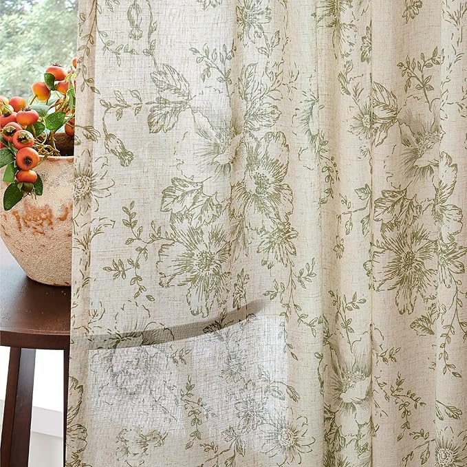 jinachan Linen Blend Floral Curtains for Living Room 45 Inch Length Christmas Sage Green Printed Curtain Rod Pocket Back Tab Farmhouse Peony Flower Patterned Drapes Bedroom Curtains Set 2 Panels