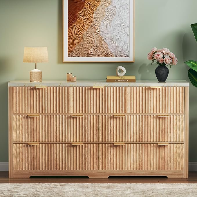 Fluted Dresser for Bedroom with 7 Drawers, 53" Wide Mid Century Modern Dressers with Faux Marble Top & Metal Handle, Wooden Chest of Drawers TV Stand, Natural Wood Closet Storage Organizer,Natural Oak