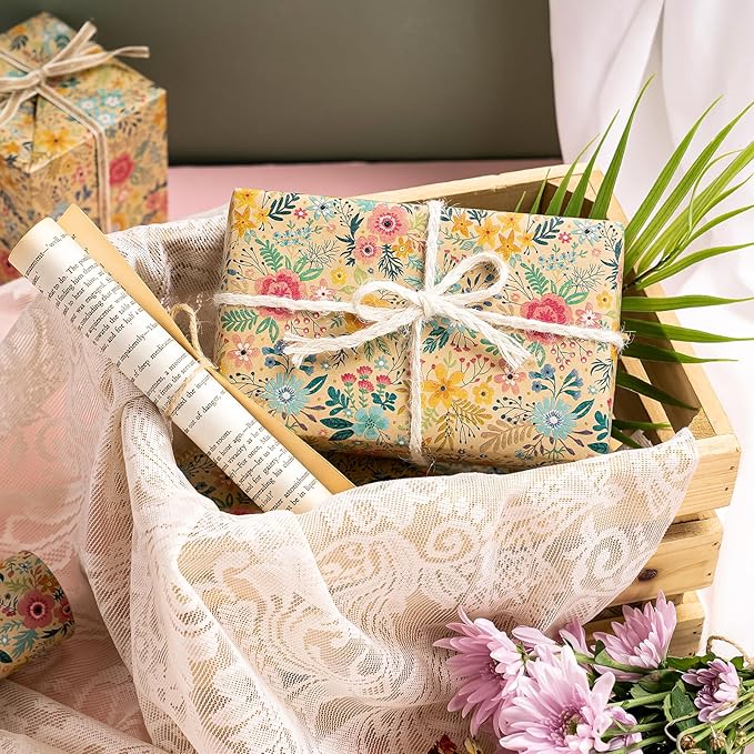 WRAPAHOLIC 30 Inch Kraft Floral Wrapping Paper Roll - 30 Inch x 33 Feet - Spring Summer Garden Flower Design Perfect for Wedding, Bridal Shower, Birthday