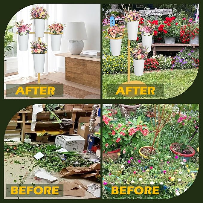 PROLEE Flower Display Stand with 4 Buckets, Flower Pot Stand, Flower Stand Metal, Florist Bouquet Shelf for Wedding, Party, Events, Oval Base, Gold