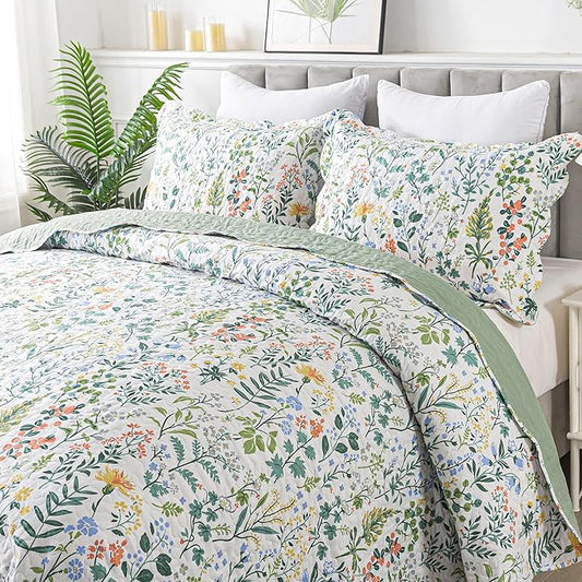 HoneiLife Floral Quilt King Size - 3 Pieces Microfiber Quilt Sets Lightweight Bedspreads Wildflower Coverlets Retro Bed Cover King Quilt Bedding Set All Season Quilts