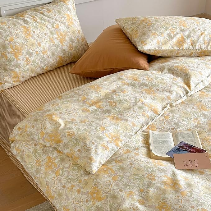 AOJIM Kids Adults Aesthetic Duvet Cover Set for Room Decor, Pure Cotton Comforter Cover Set 3pcs with Begonia Pattern, 1 Soft Quilt Cover Queen Size and 2 Matching Pillowcases, No Comforter