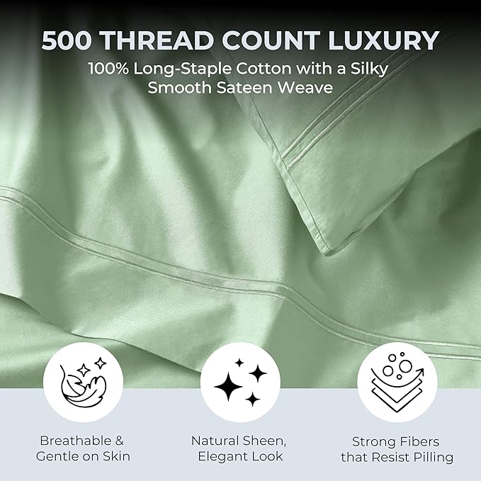 100% Natural Cotton Bed Sheets | 500 TC Single-Ply Sateen Weave Full Size Sheets | Soft, Breathable, Hypoallergenic Solid 4-Piece Bedding with Deep Pocket Fitted, Flat, Pillowcase | Sage
