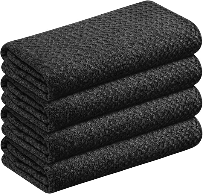 Black Waffle Kitchen Dish Towels, 100% Cotton, Quick Dry, Super Absorbent, Soft, 16x26 Inches - Ideal for Dish Drying, Bar, Hand Wipe, Cleaning, and Everyday Use, 4 Pack