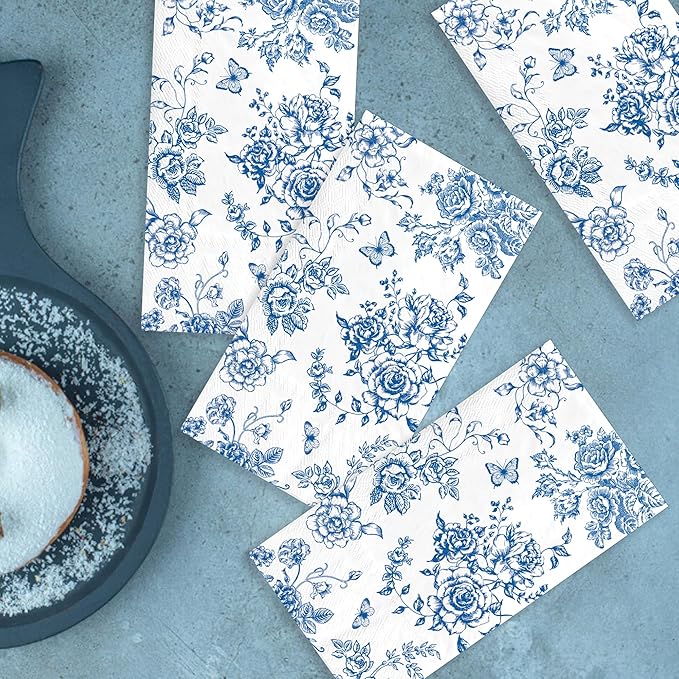 100pcs Blue Floral Napkins Disposable Hand Towels for Bathroom 3 Ply Blue and White Guest Decorative Paper Napkins for Bridal Tea Wedding Birthday Party Supplies Table Decorations