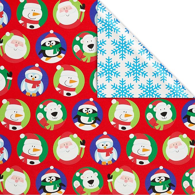 American Greetings Jumbo Kids Christmas Reversible Wrapping Paper Roll, Red and Blue Holiday Gift Wrap (175 sq. ft., 1 Extra Large Roll-30 in. x 70 ft.) Penguins, Polar Bears, Santa, Snowflakes