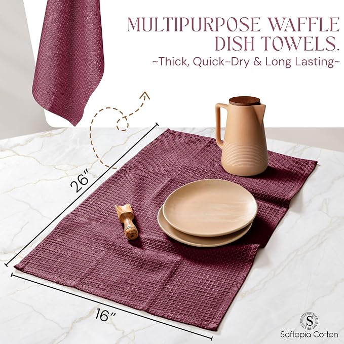 Burgundy Kitchen Towels – Waffle Weave, 100% Cotton, Soft & Absorbent, Fast Dry, Durable, 16x26 Inches, Perfect for Dish Drying, Bar, Cleaning, Hand Wipe and Everyday Use, Set of 4