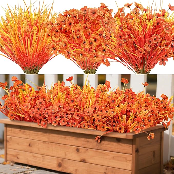 Der Rose 24 Bundles Fall Mums Artificial Flowers for Outdoor Fake Flowers Plants UV Resistant for Home Garden Porch Window Wedding Decor（Orange）