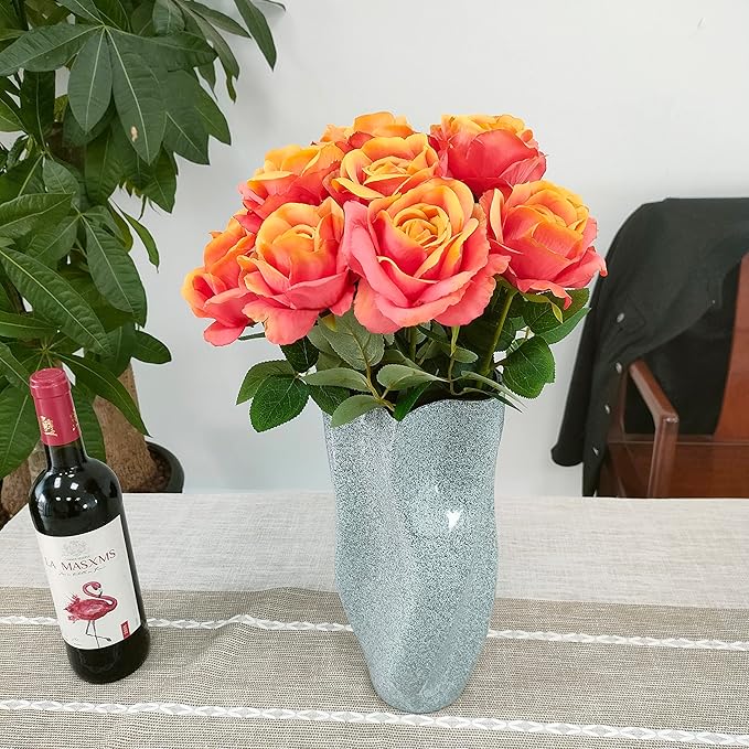 ATFL Fake Sunset Red Roses Artificial Flowers Bulk,Floral Diameter 4'',12 Pcs Artificial Silk Roses Flowers with Stems for Wedding Arrangement Centerpieces Party Home Table Decorations (Orange & red)