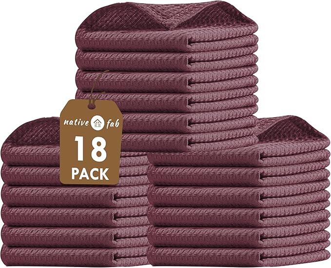 Native Fab 18 Pack Dish Cloths - 100% Cotton, Absorbent, Quick Drying, Soft & Washable Towels for Cleaning, Cooking & Baking - Perfect for Home, Restaurants, Bars, Versatile Uses, 12"x12", Burgundy