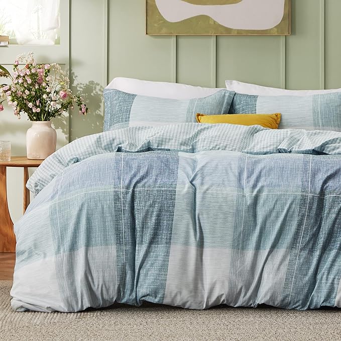 Bedsure Duvet Cover Queen Size - Gingham Reversible Buffalo Plaid Duvet Cover Set with Zipper Closure, 3 Pieces Blue Bedding Set with 8 Corner Ties and 2 Pillow Shams 20"x26"