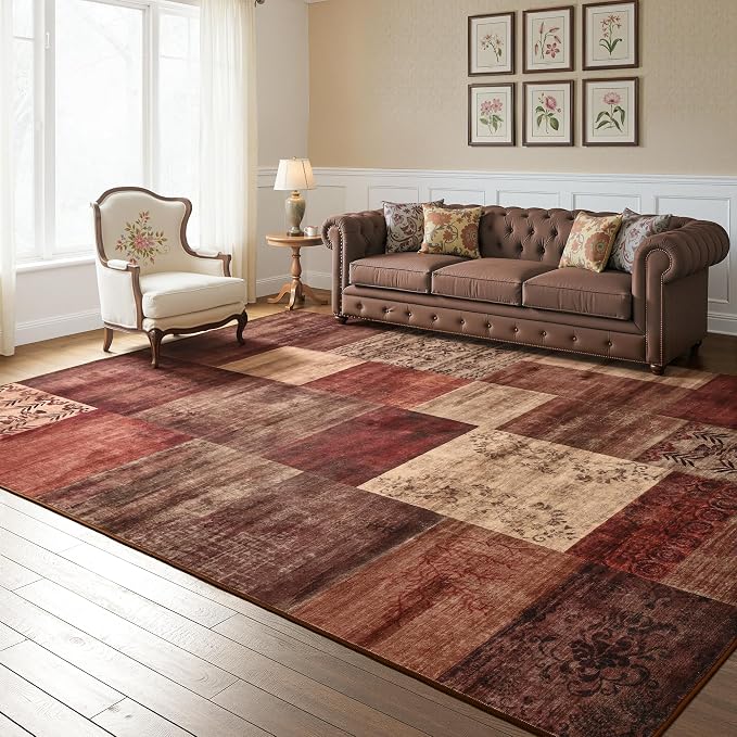 Tepook Modern Area Rugs for Living Room, 9x12 Washable Large Rug for Bedroom, Geometric Patchwork Rugs Indoor Non-Slip Throw Carpets for Dining Room Office Farmhouse Home Decor, Red