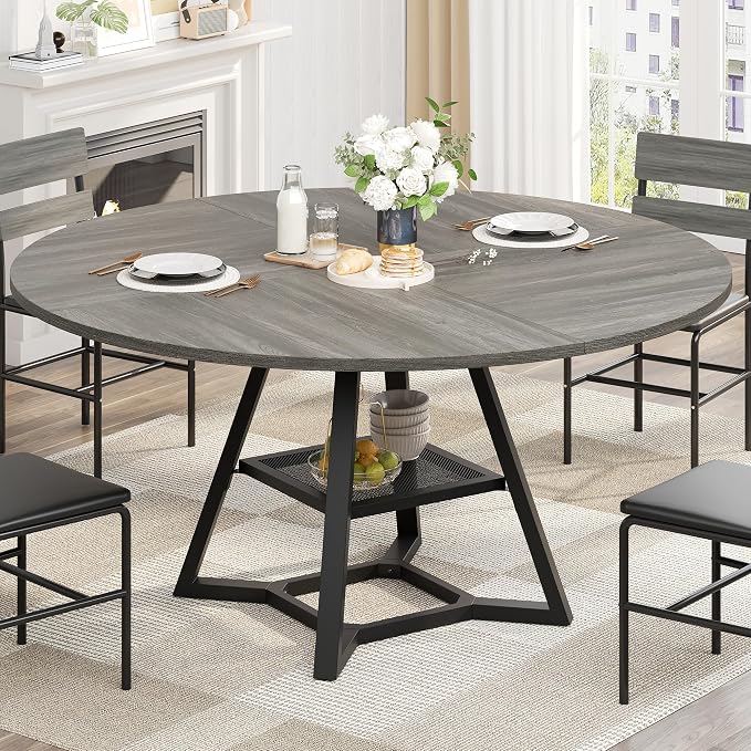 knoworld 51'' Round Dining Table, Kitchen Tables Dining Room Circle Dinner Table with Pedestal Metal Frame, Space Saving Wood Industrial Kitchen & Dining Room Tables, Grey 51In