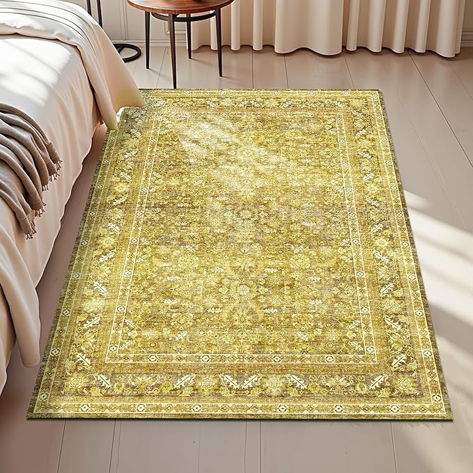 OPPODREAM Vintage Yellow Area Rugs 3x5, 3 x 5 Retro Washable Rug Non Slip, Low-Pile Faux Wool Carpet, Distressed Floor Mat for Living Room, Bedroom, Kitchen, Office, Dorm, Dinning Room