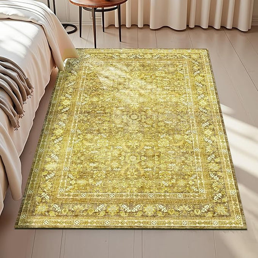 OPPODREAM Vintage Yellow Area Rugs 3x5, 3 x 5 Retro Washable Rug Non Slip, Low-Pile Faux Wool Carpet, Distressed Floor Mat for Living Room, Bedroom, Kitchen, Office, Dorm, Dinning Room