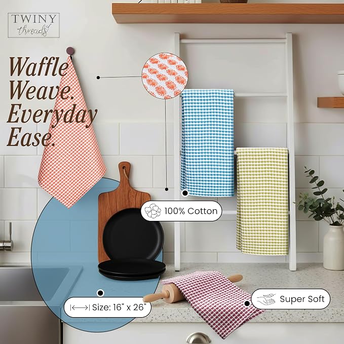 TWINY threads 4 Pack Circle Waffle Kitchen Dish Towels 16"x26", 100% Cotton, Super Absorbent, Heavy Duty, Quick Drying Dishcloth Set, Premium Wash Rags, Great for Drying Dishes, Cleaning, Multicolor