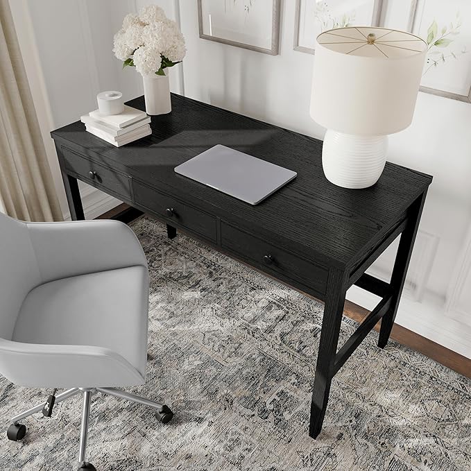 Martha Stewart Rhett Home Office Desk with 3 Drawers and Tapered Legs in Black with Oil Rubbed Bronze Hardware